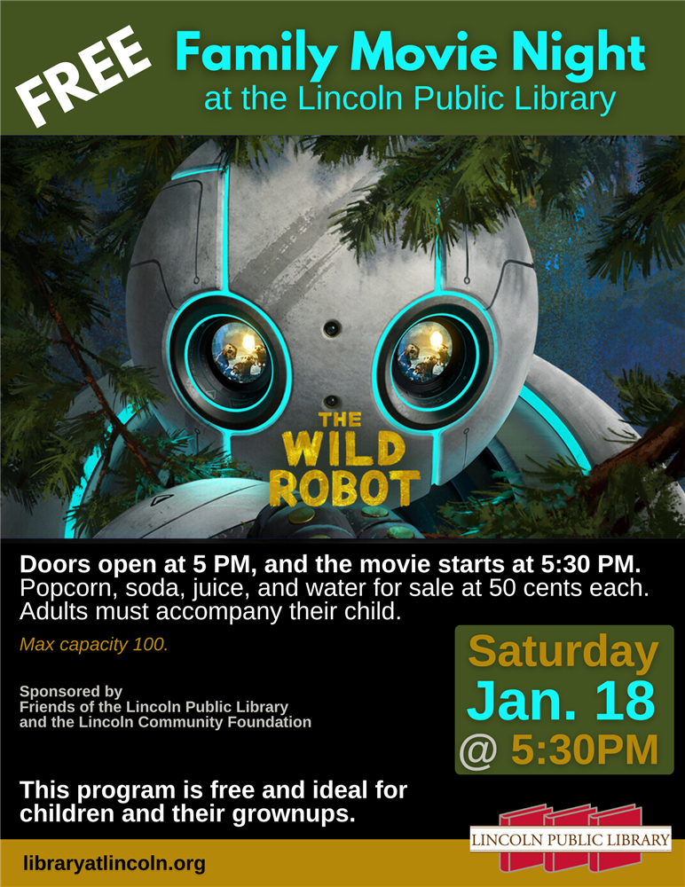 A picture of The Wild Robot movie cover, with event details.